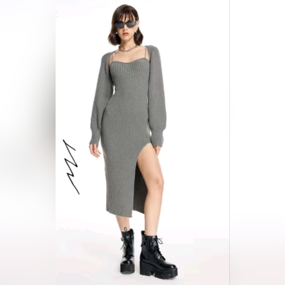 NWOT Women's Grey Knit Round Neck 2-Piece Detached Cardigan Sweater Dress, Sz M